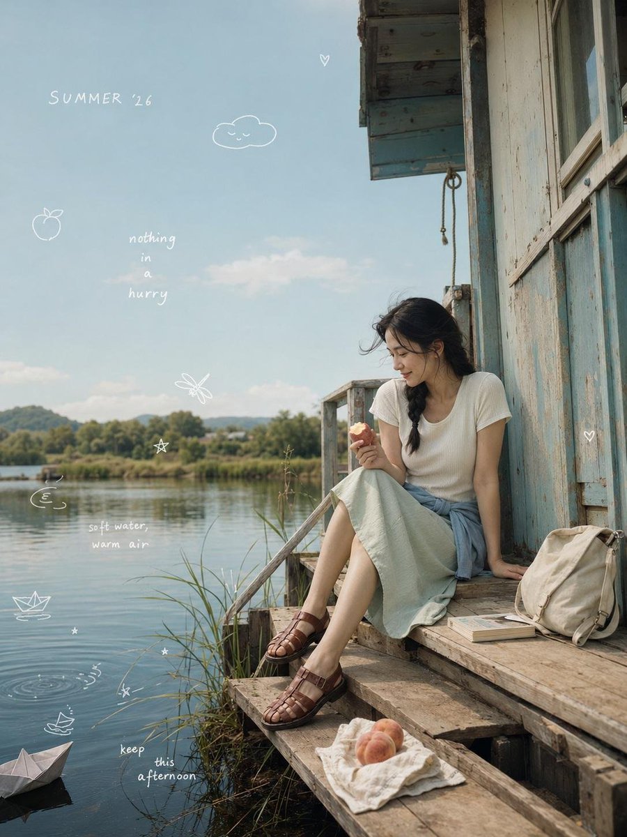 一张极致真实的电影感梦幻生活方式照片,庆祝 “SUMMER ’26”(2026年夏日),画面中一位年轻的韩国女性独自坐在一座褪色珊瑚粉色复古救…, 图片 3