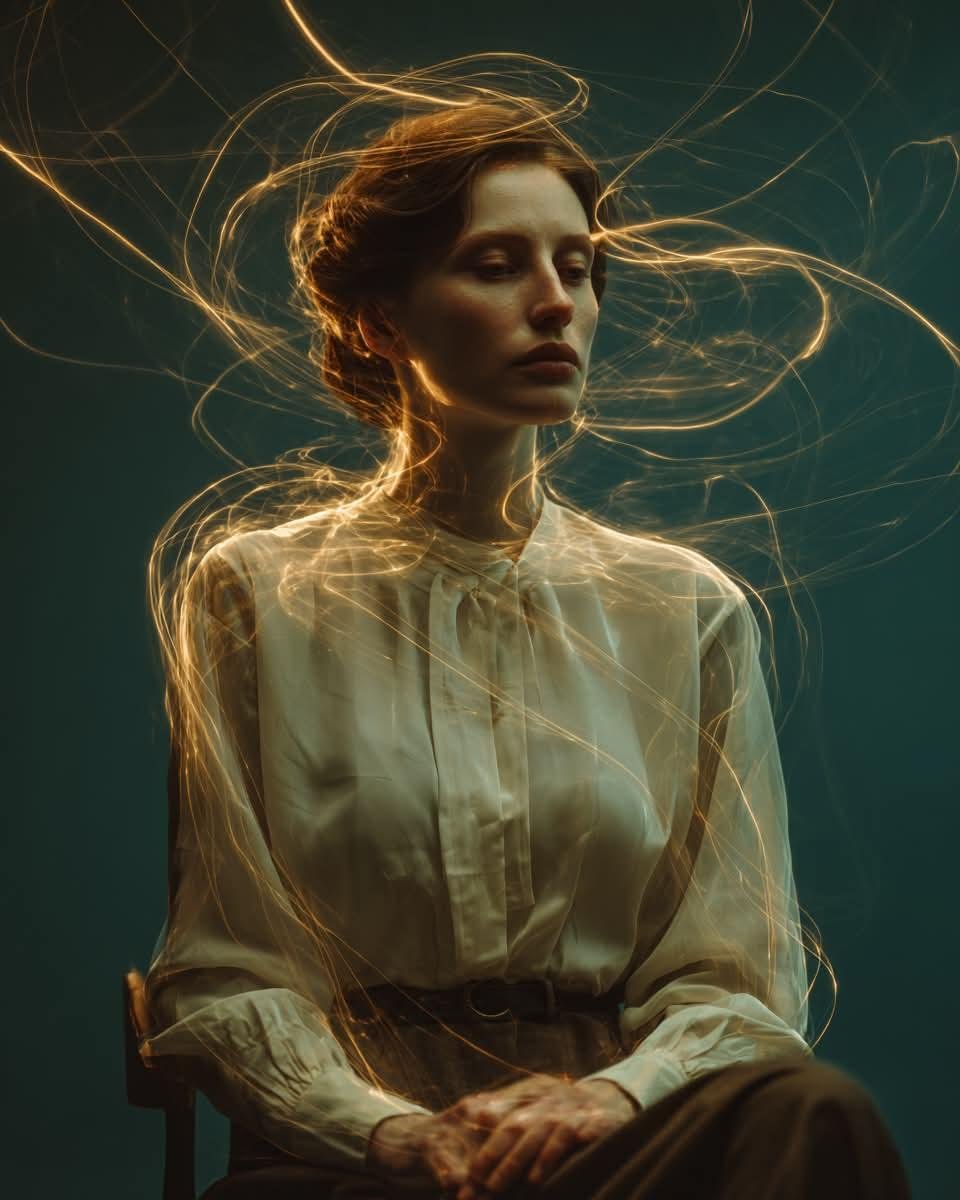 一幅电影感的艺术人像:一位神情宁静的年轻女子坐在极简木质椅子上,背景为深青色无缝摄影棚布幕,身着剪裁精致的优雅象牙色真丝上衣与高腰长裤,表情平…, 图片 1