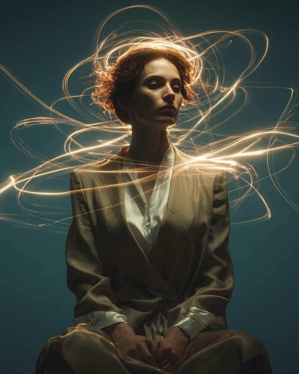 一幅电影感的艺术人像:一位神情宁静的年轻女子坐在极简木质椅子上,背景为深青色无缝摄影棚布幕,身着剪裁精致的优雅象牙色真丝上衣与高腰长裤,表情平…, 图片 2