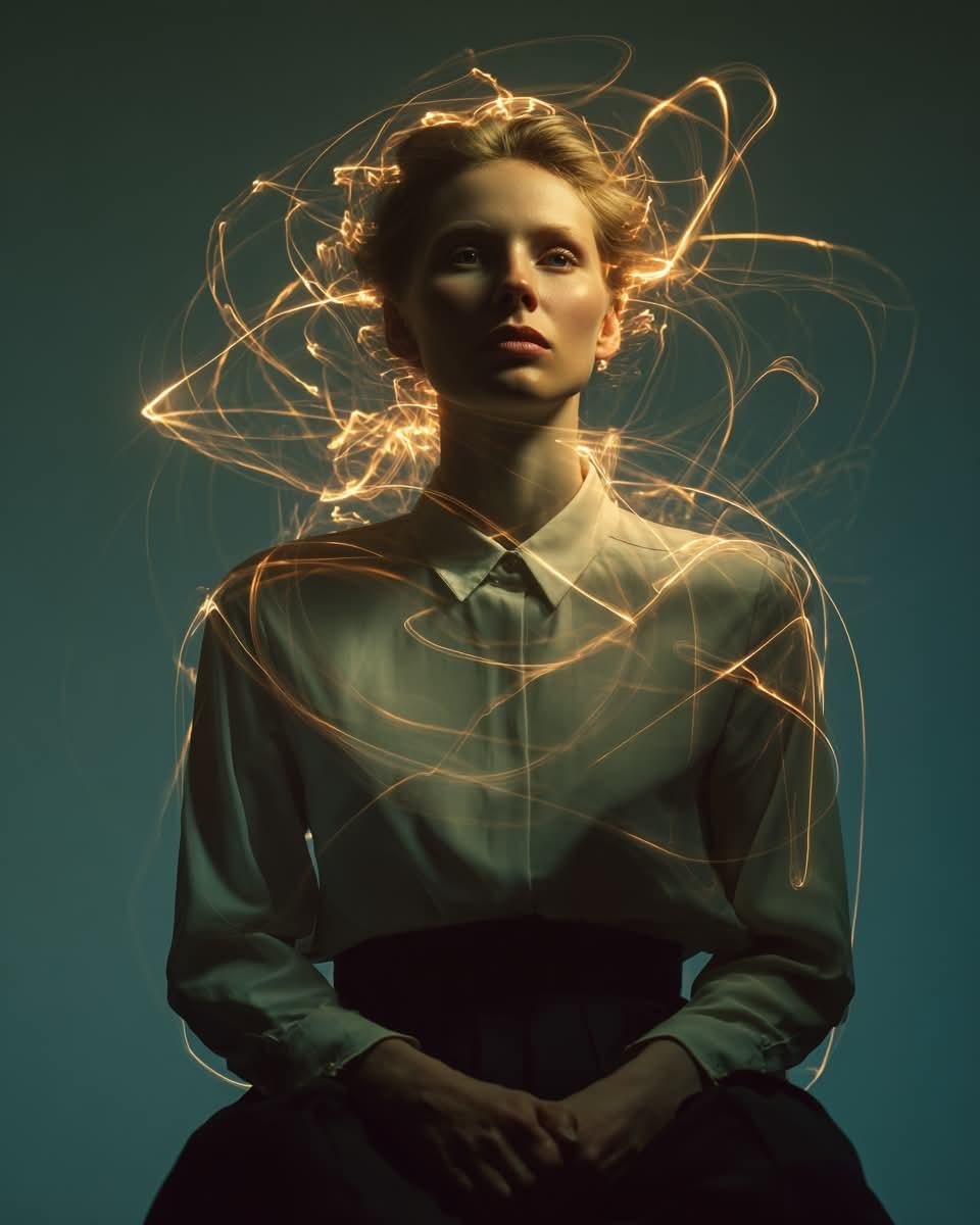一幅电影感的艺术人像:一位神情宁静的年轻女子坐在极简木质椅子上,背景为深青色无缝摄影棚布幕,身着剪裁精致的优雅象牙色真丝上衣与高腰长裤,表情平…, 图片 3
