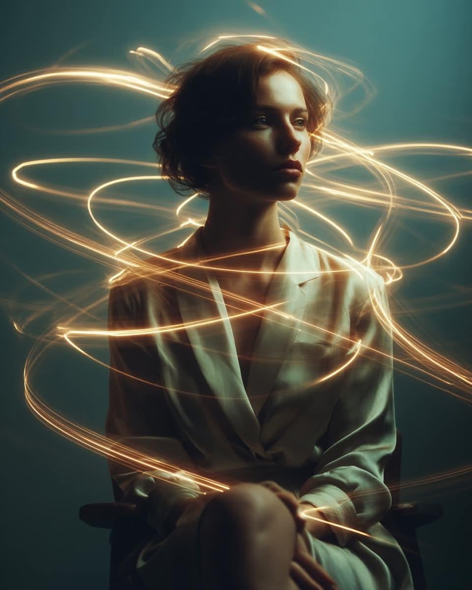 一幅电影感的艺术人像:一位神情宁静的年轻女子坐在极简木质椅子上,背景为深青色无缝摄影棚布幕,身着剪裁精致的优雅象牙色真丝上衣与高腰长裤,表情平…, 图片 4
