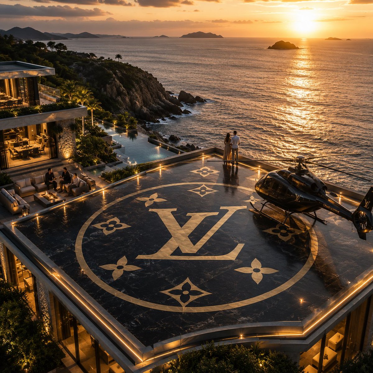 黄昏时分,一座极致奢华的现代悬崖别墅的电影级高角度鸟瞰画面,屋顶露台上设有俯瞰平静大海的大型私人直升机停机坪。停机坪表面无缝呈现一个巨大的 […, 图片 3