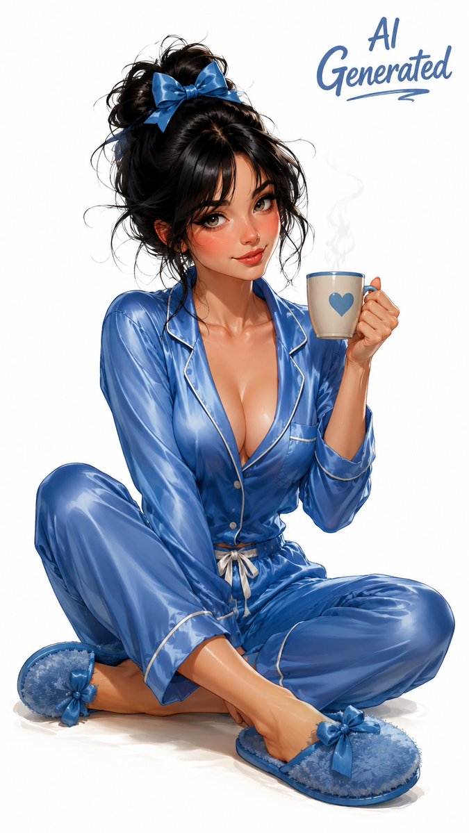 可爱漫画风格高质量,复古海报风格的女士,黑色头发,坐在地板上,穿着蓝色丝绸睡衣,凌乱的头发上戴着蓝色蝴蝶结,穿着蓝色拖鞋,手端一杯咖啡,原生 …, 图片 1