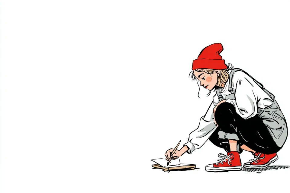 一幅简单的插画，画中是一位[subject]穿着[outfit]，[doing action]，带着[facial expression]的表…, 图片 3