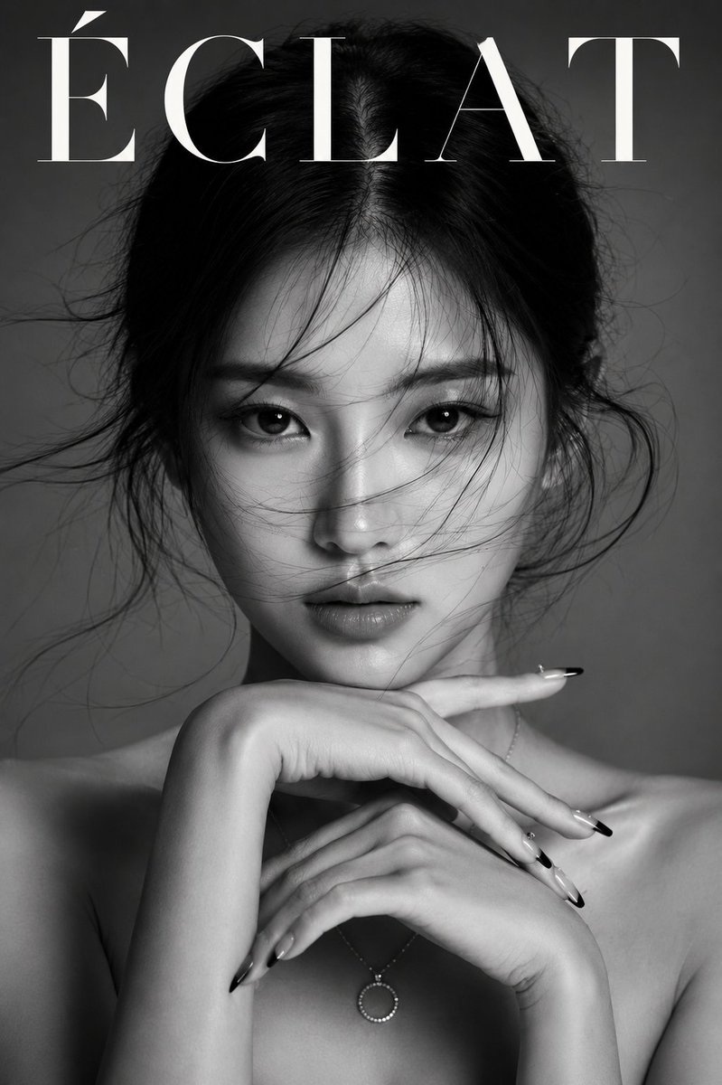 使用参考图像。创建一张垂直构图的黑白奢华美妆人像,采用居中正面姿势,裸露双肩,目光锐利自信,面部对称,杏仁形眼睛带有眼神光,自然唇色,黑色中分…, 图片 1