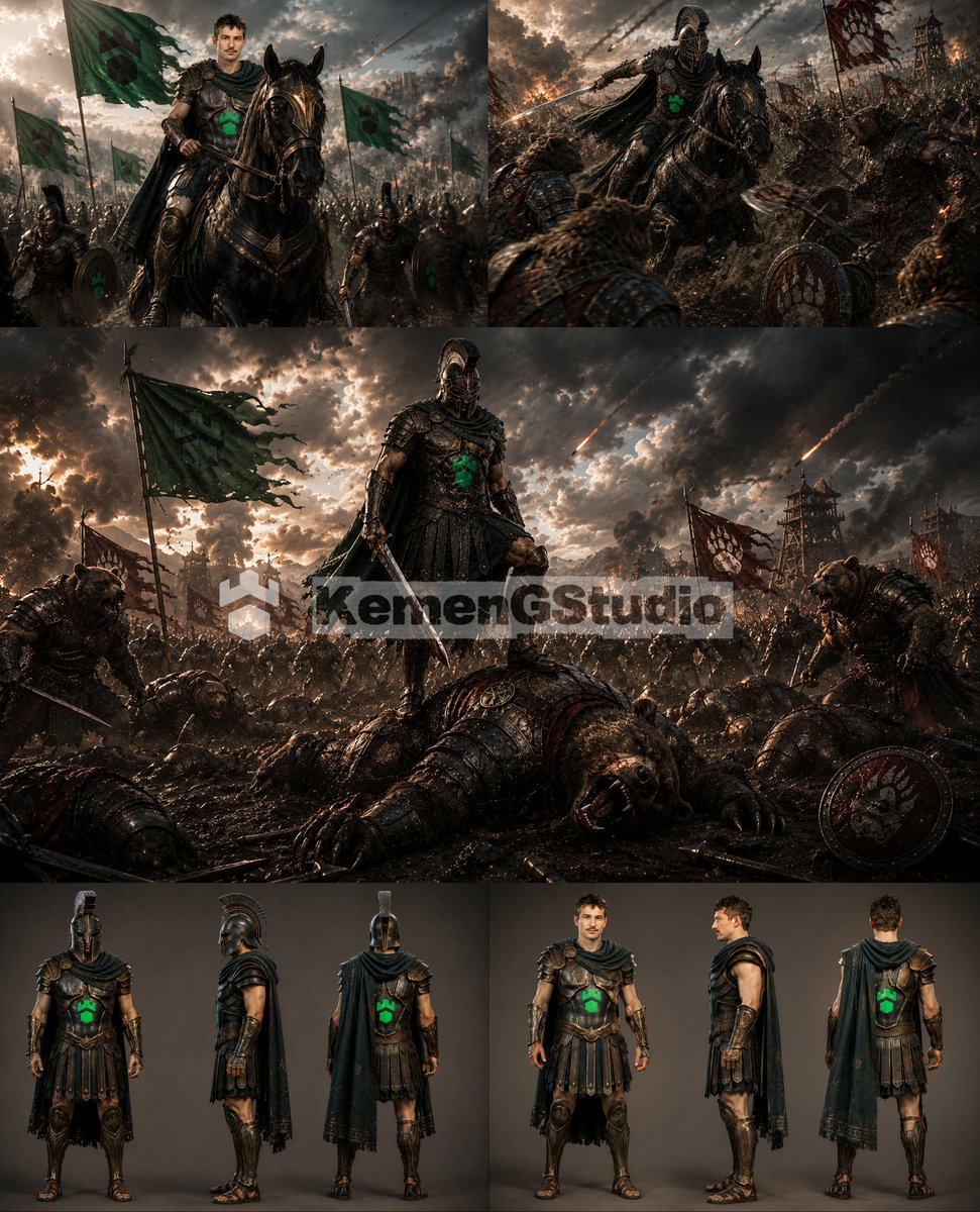Semua prompt dibuat agar karakter tetap konsisten (dark bronze armor, g…, 图片 1