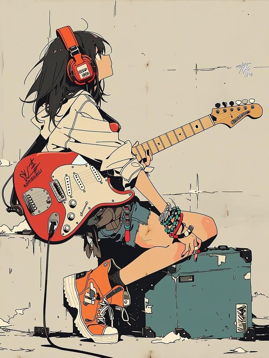 极简动漫插画:一位时髦的少女坐在一台复古吉他音箱上,弹奏着珊瑚橙色的 Fender Stratocaster 电吉他;她戴着超大红色耳机,穿着…, 图片 1