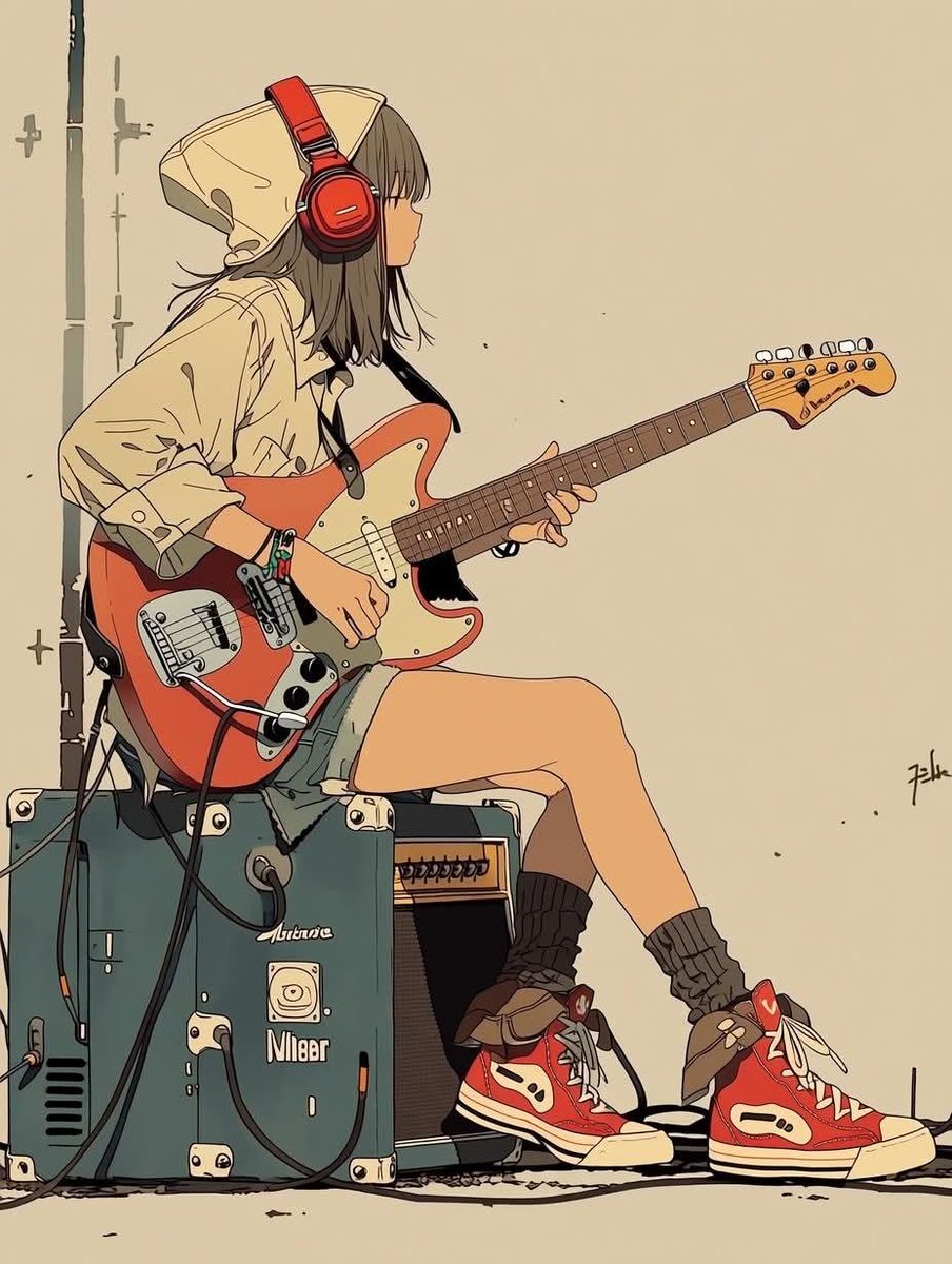 极简动漫插画:一位时髦的少女坐在一台复古吉他音箱上,弹奏着珊瑚橙色的 Fender Stratocaster 电吉他;她戴着超大红色耳机,穿着…, 图片 2