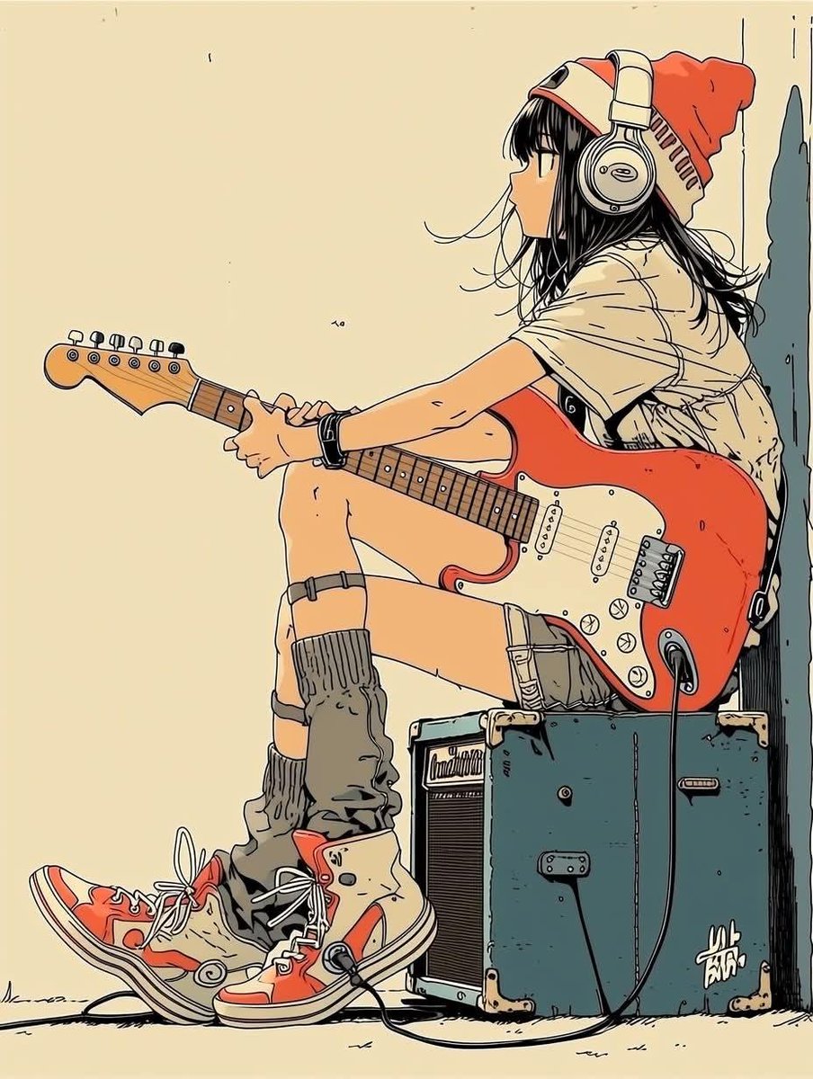 极简动漫插画:一位时髦的少女坐在一台复古吉他音箱上,弹奏着珊瑚橙色的 Fender Stratocaster 电吉他;她戴着超大红色耳机,穿着…, 图片 3