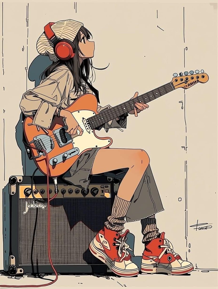 极简动漫插画:一位时髦的少女坐在一台复古吉他音箱上,弹奏着珊瑚橙色的 Fender Stratocaster 电吉他;她戴着超大红色耳机,穿着…, 图片 4