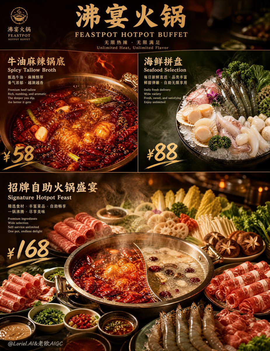 廉价自助餐传单,布局杂乱,卡通食物,清汤细节不足,价格模糊难辨,光线平淡,通用菜单板,肉类呈塑料感,蒸汽微弱,低分辨率纹理,构图凌乱,超市火锅…, 图片 1
