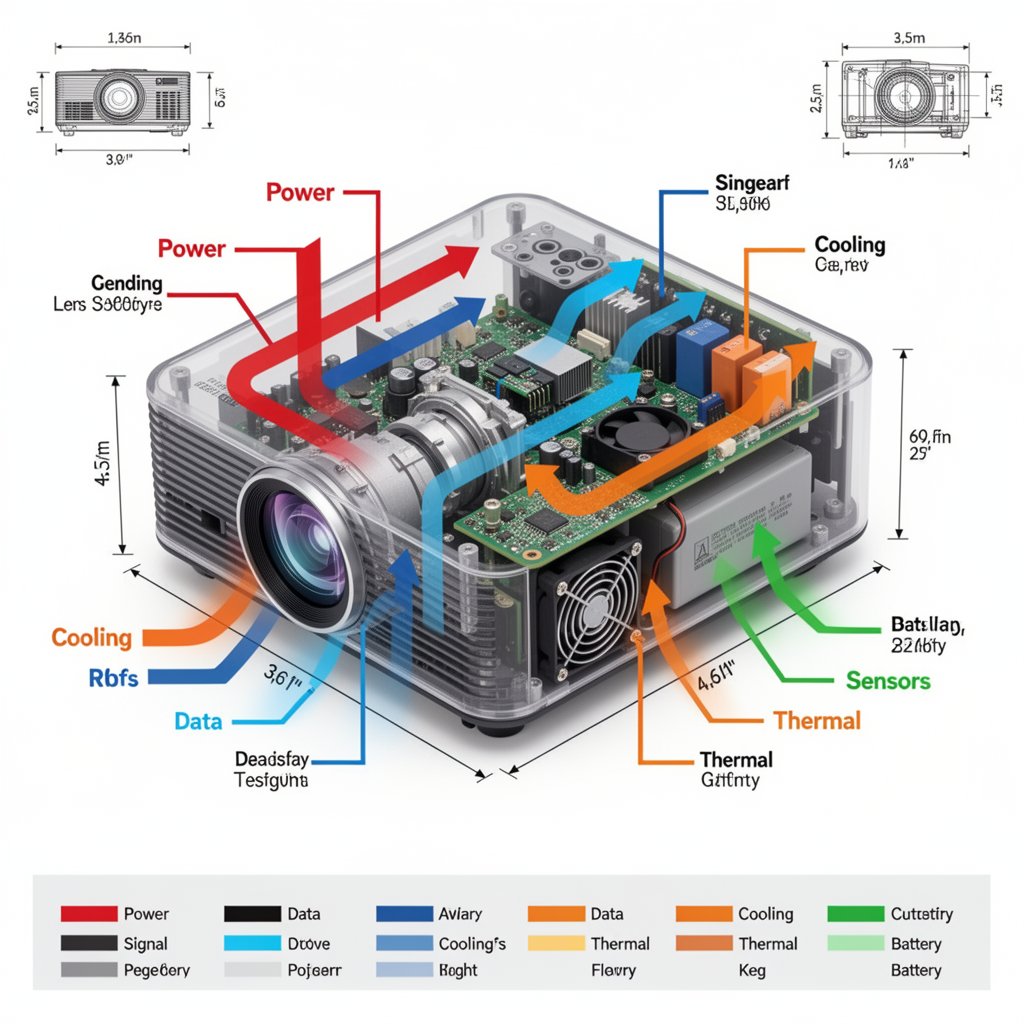 Technical cutaway infographic of a generic home projector, 45-degree isometric …