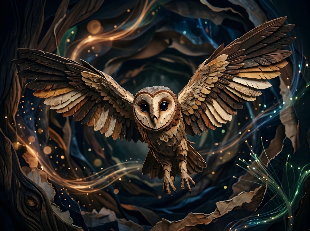 一只仓鸮(barn owl)在飞行中被捕捉,双翼大幅展开,背景为深色抽象风格。猫头鹰的脸正面朝向观者,其大而黝黑的眼睛十分醒目。背景中呈现出抽…, 图片 1