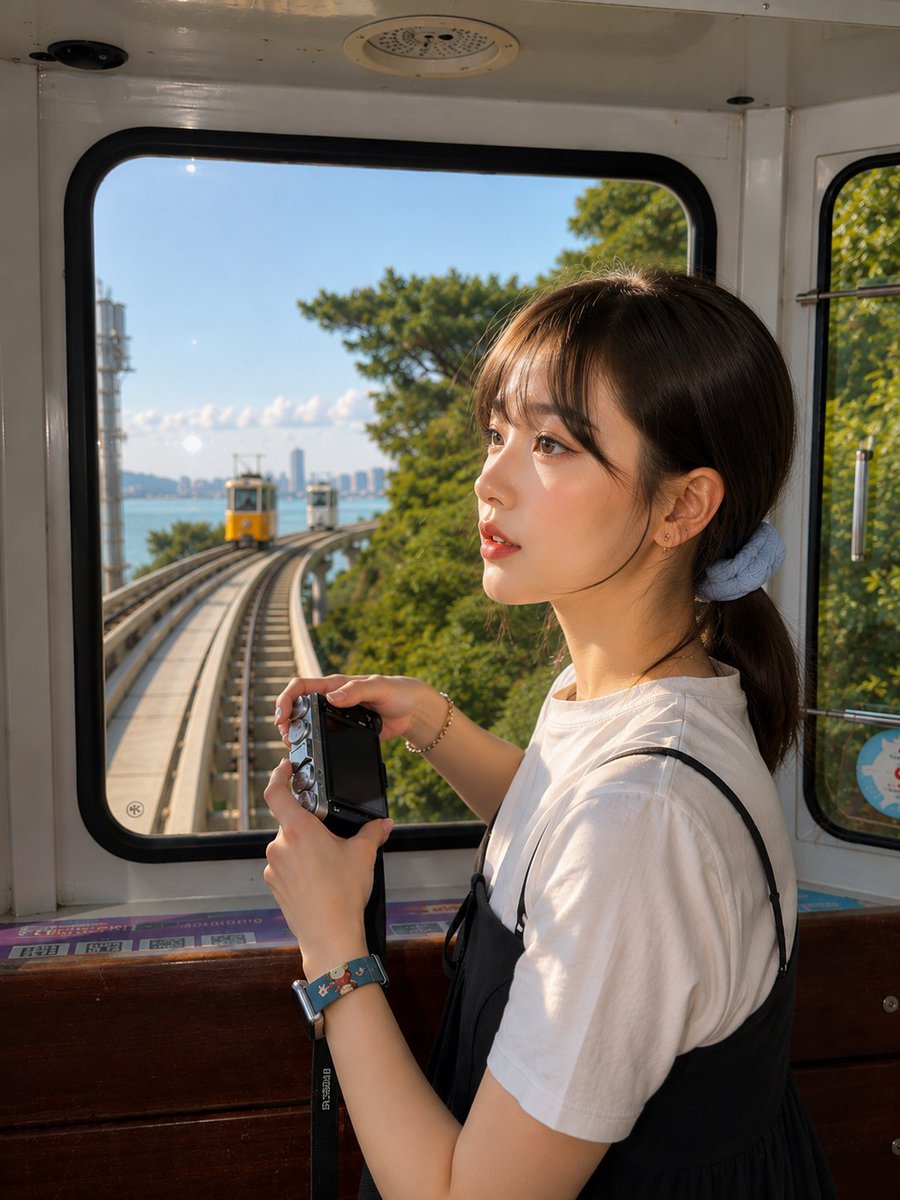 超写实的随行旅行人像照:一位可爱的年轻东亚女性,于晴朗午后站立于一列现代全景电车或自动化轨道车厢的前舱内。她以自然的侧脸姿态入镜,头部轻轻转向…, 图片 1