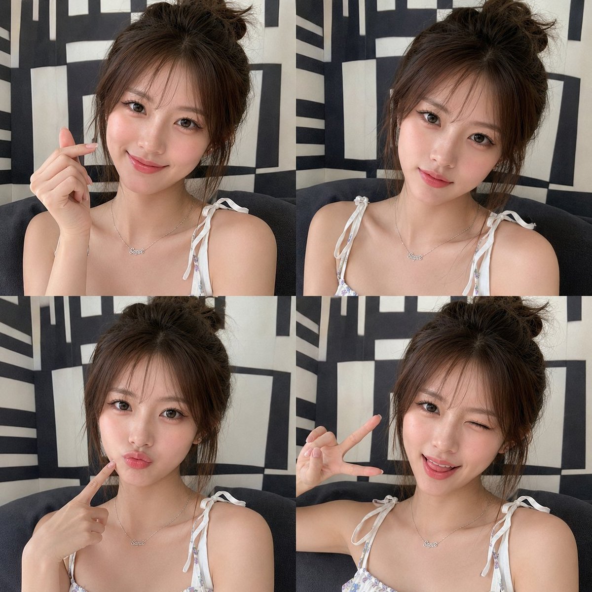 一张高端美妆拼贴画，由同一年轻东亚女性的四张超写实肖像组成，以整洁的 2×2 网格排列。她拥有柔软的瓷白肌肤、透亮的玫瑰色脸颊、温暖的棕色眼睛…, 图片 1