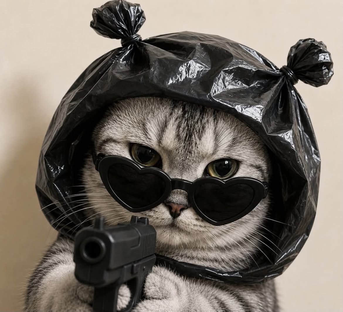 超写实的英国短毛猫特写肖像，猫咪体型圆润，置于画面正中央，正面直视镜头，表情完全面瘫、毫无表情。猫咪佩戴着超大号心形墨镜，颜色与整套造型完美一…, 图片 1