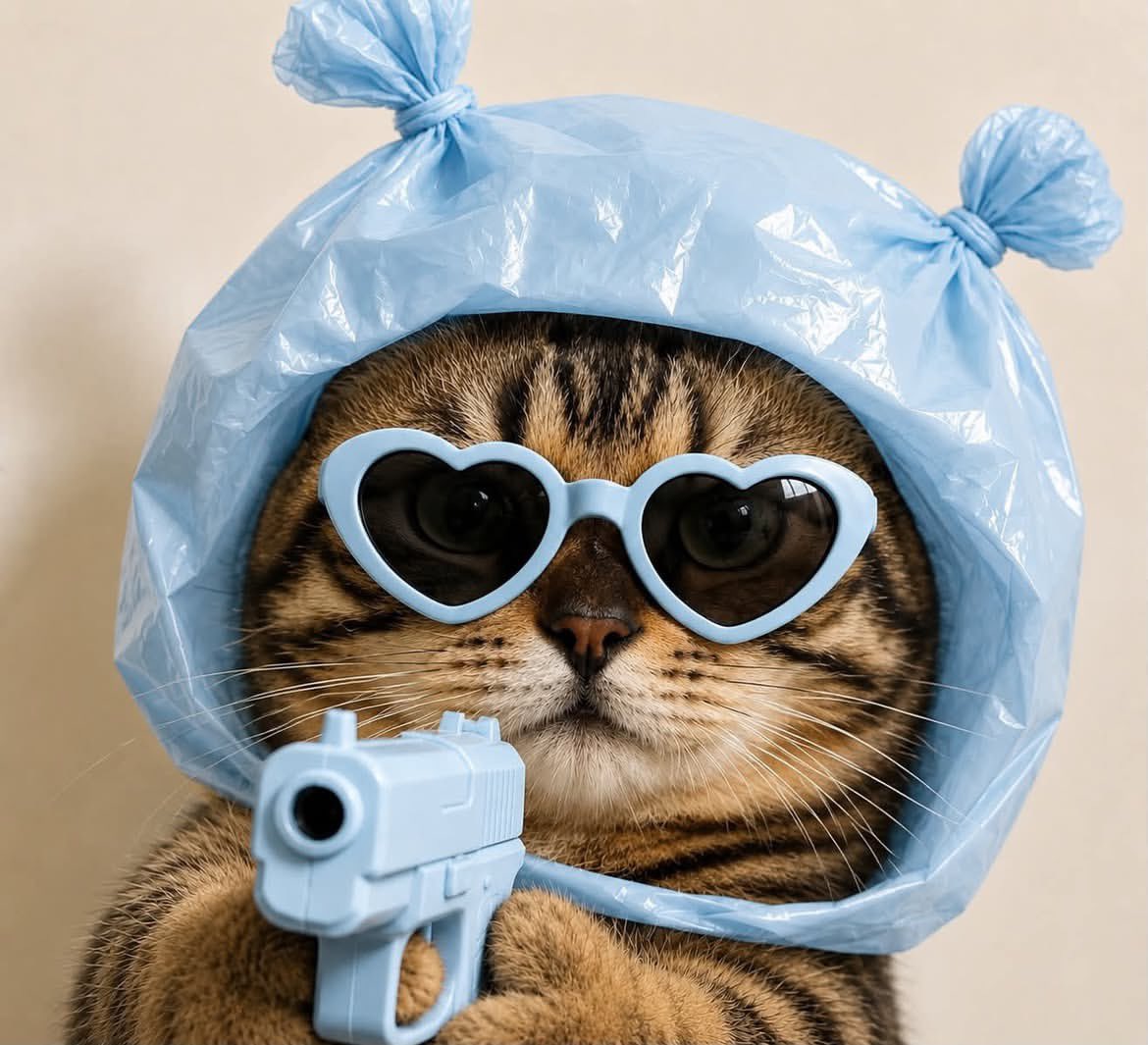 超写实的英国短毛猫特写肖像，猫咪体型圆润，置于画面正中央，正面直视镜头，表情完全面瘫、毫无表情。猫咪佩戴着超大号心形墨镜，颜色与整套造型完美一…, 图片 2
