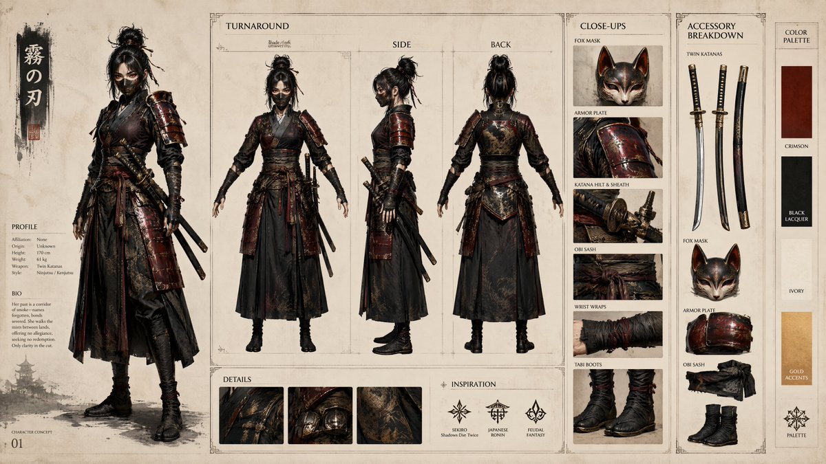 - Ultra-detailed 16:9 samurai character design sheet, official AAA RPG characte…