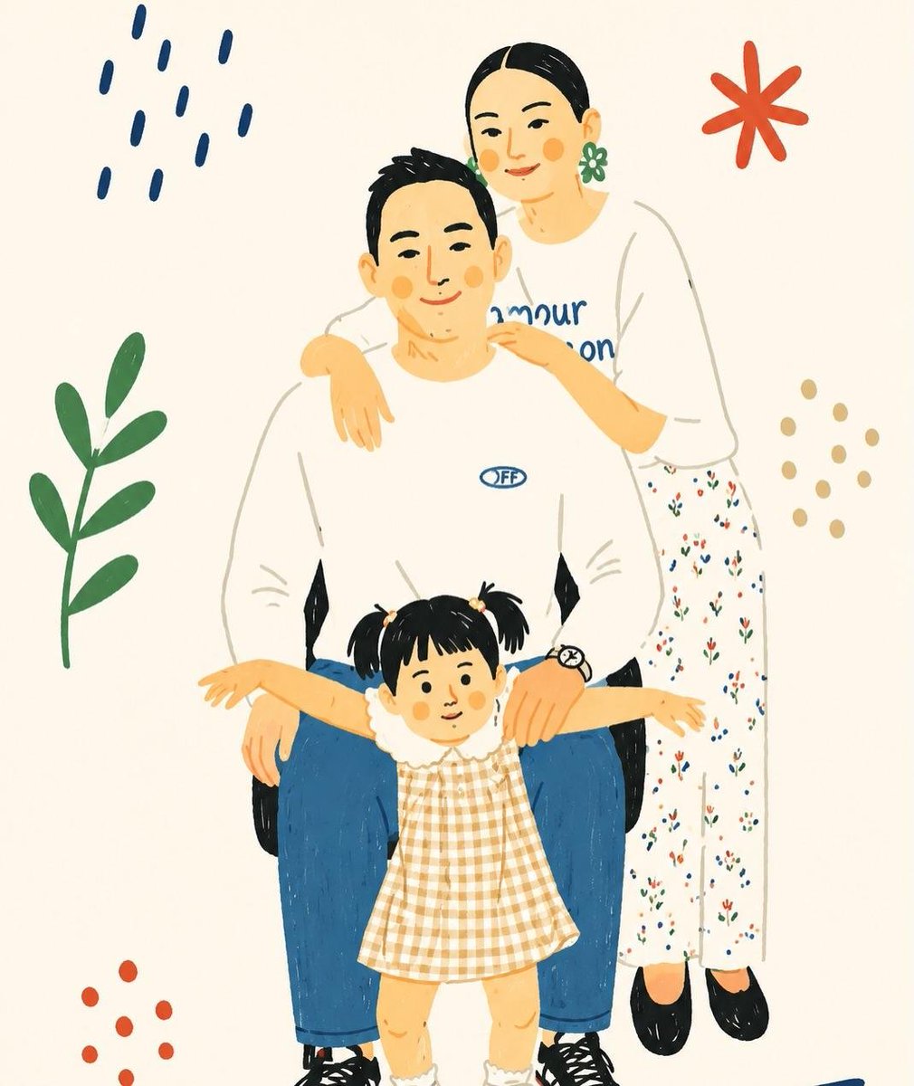 温馨极简扁平插画，采用温暖的韩式/日式绘本美学，描绘平凡而美好的家庭日常瞬间：柔和圆润的角色、简洁的面部特征、红润的脸颊、干净的黑色描边、低饱…, 图片 4