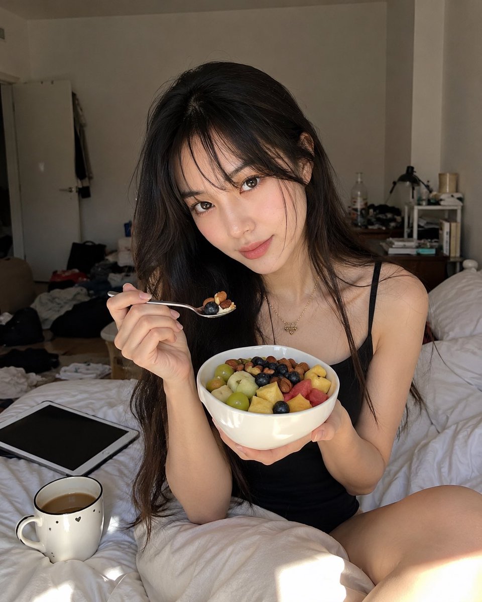 超写实 RAW 美女肖像,以上传的图片作为精确的面部参考。东南亚年轻女性,二十出头,柔和的鹅蛋脸,白皙象牙色暖中性肌肤,带有真实的毛孔和自然的…, 图片 1