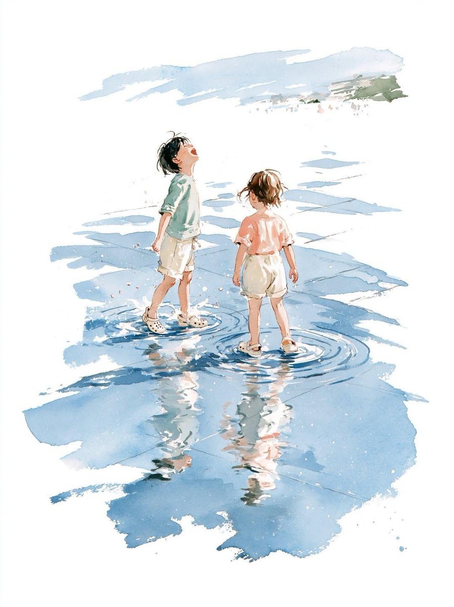 极简水彩插画,绘于纹理冷压手工纸上,3:4竖构图,大面积留白,精巧墨线艺术,半透明水彩晕染,湿叠湿花青,颜料颗粒沉淀,漂浮水珠,温馨生活切片,…, 图片 2