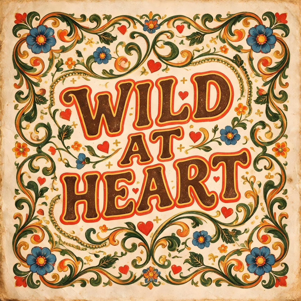 一幅复古风格的插画中,"WILD AT HEART"的字样以粗体、复古风格的字体呈现。文字周围环绕着蓝色花朵图案,花心为黄色,带有红色描边,并…, 图片 1
