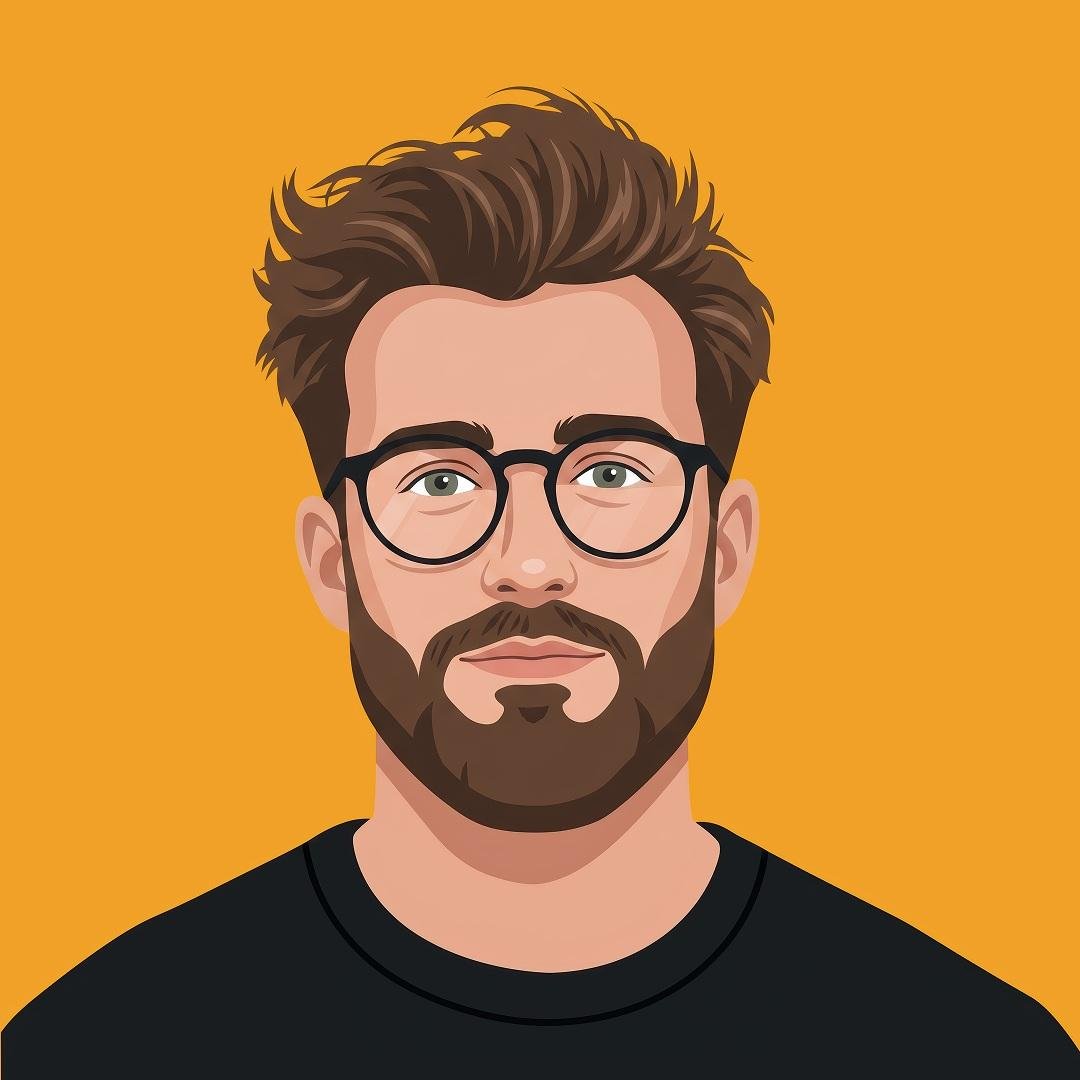 A centered front-facing vector portrait of a person in a modern flat illustrati…