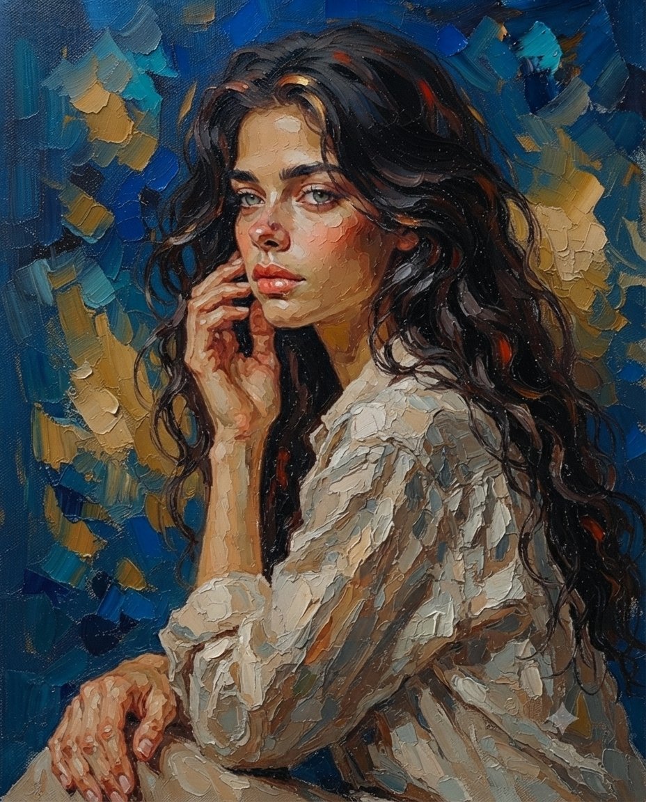 一幅引人入胜的油画肖像画，画中是一位留着长长深色波浪卷发、拥有一双富有表现力的绿榛色眼睛的女性，身着一件带有质感纹理浅色衬衫。艺术风格以厚重的…, 图片 1