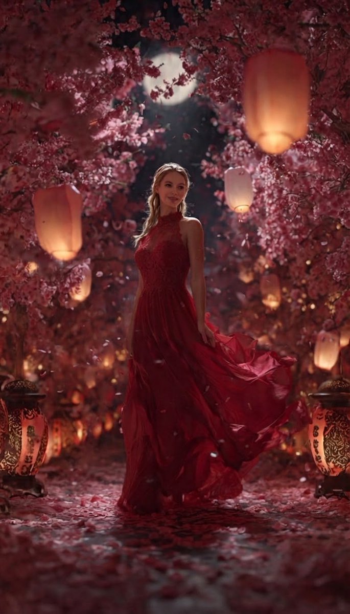 一个电影感的全身镜头,一位优雅的金发女子站在一条魔法般迷人小径的中央,小径两侧是繁茂盛开的樱花树,头顶悬挂着散发柔光的夜空明月。她身穿一件飘逸…, 图片 2