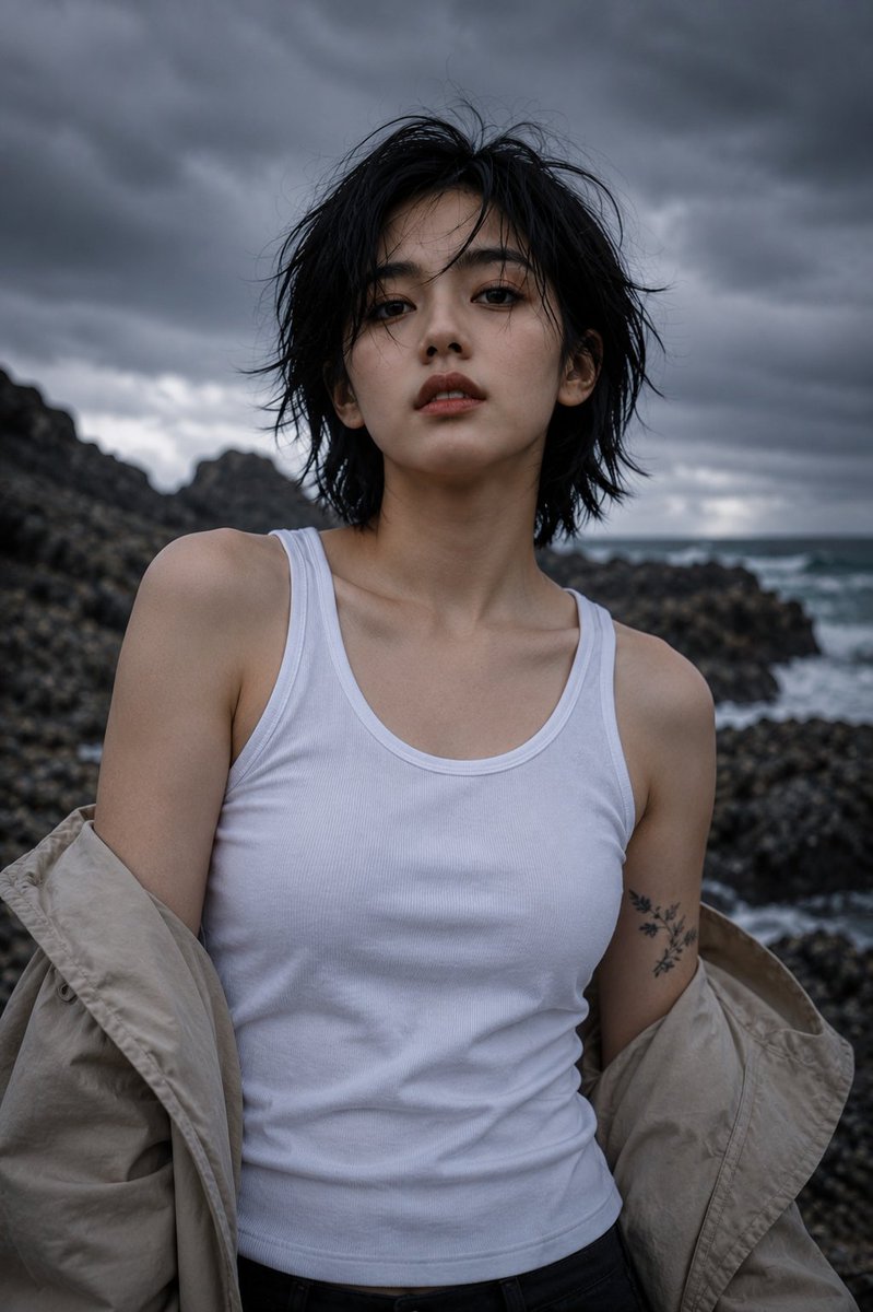 超写实编辑级时尚人像：一位年轻东亚女性站在崎岖的火山海岸线上，背景是戏剧性的风暴云，正面直视镜头，表情平静自信，嘴唇微微张开。黑色短款层次波波…, 图片 1
