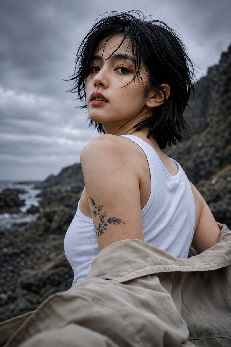 超写实编辑级时尚人像：一位年轻东亚女性站在崎岖的火山海岸线上，背景是戏剧性的风暴云，正面直视镜头，表情平静自信，嘴唇微微张开。黑色短款层次波波…, 图片 2