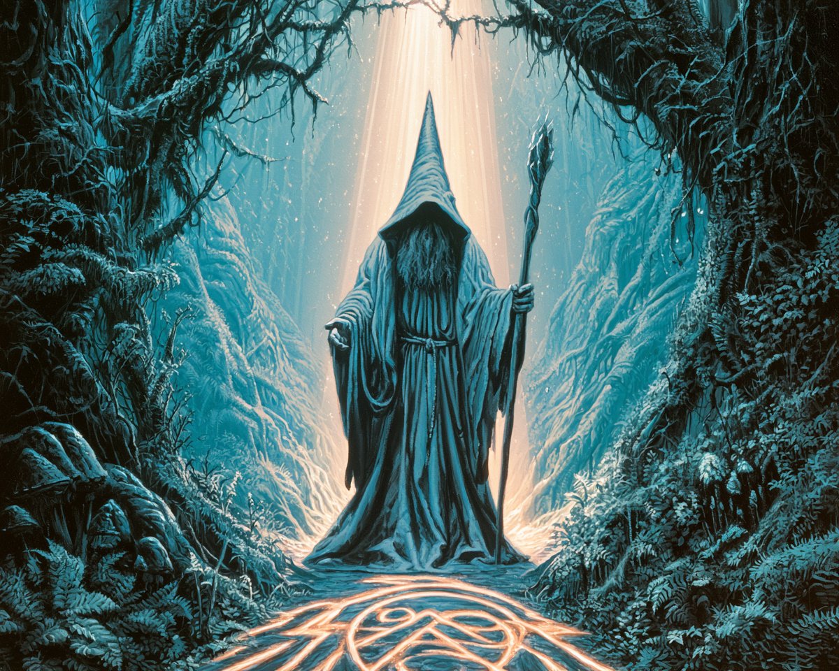 神秘的森林守护者伫立于古老的林间圣地之中，身着长长的仪式长袍，扭曲的树木形成天然拱门，地面刻有发光的符号，温暖的光线透过树冠倾泻而下，宁静而超…, 图片 1