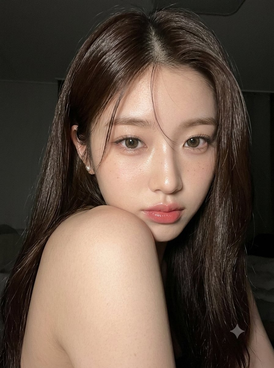 超写实特写美妆人像:一位令人惊艳的年轻东亚女性,拥有无瑕的瓷质肌肤和自然透亮的妆容,夜晚在柔光室内拍摄。她用温暖且富有表现力的深棕色眼睛直视镜…, 图片 1