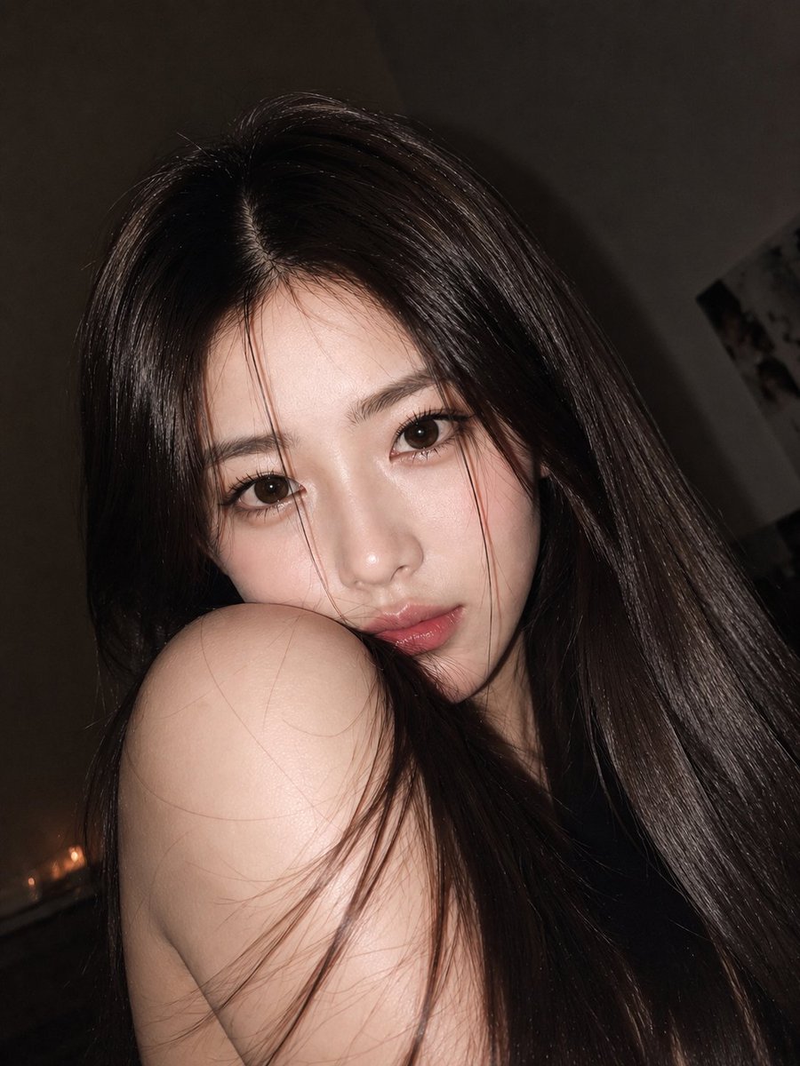 超写实特写美妆人像:一位令人惊艳的年轻东亚女性,拥有无瑕的瓷质肌肤和自然透亮的妆容,夜晚在柔光室内拍摄。她用温暖且富有表现力的深棕色眼睛直视镜…, 图片 2