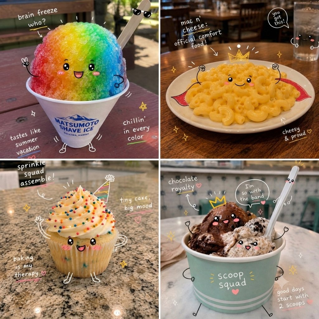 将一张食物特写照片转化为俏皮可爱的卡哇伊涂鸦风格。添加可爱的手绘卡通眼睛、微笑的嘴巴、玫瑰色的腮红、小手和小脚，让食物看起来生动而有表现力。用…, 图片 1