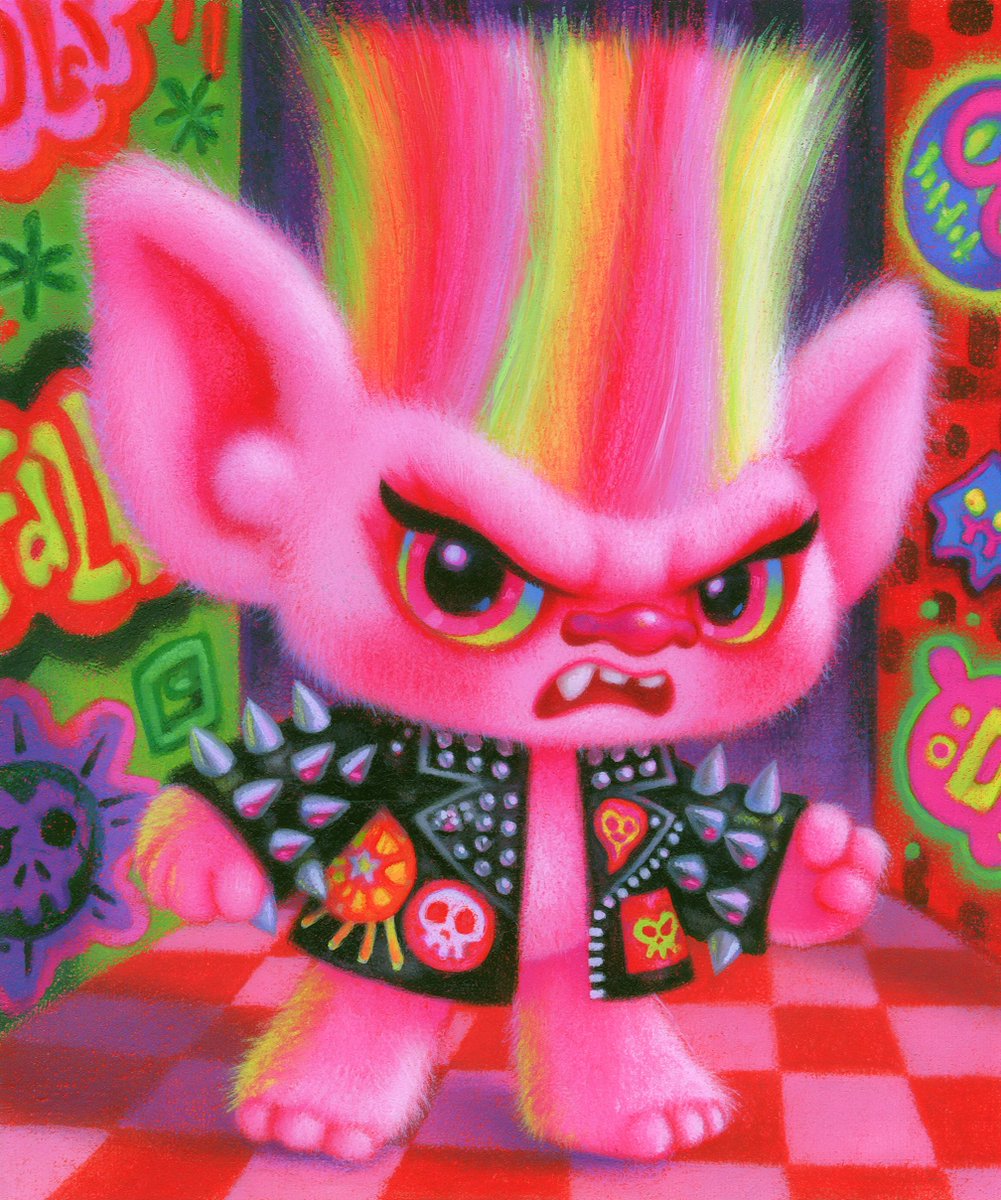 highly detailed angry troll doll illustration, the troll is dressed like a punk…