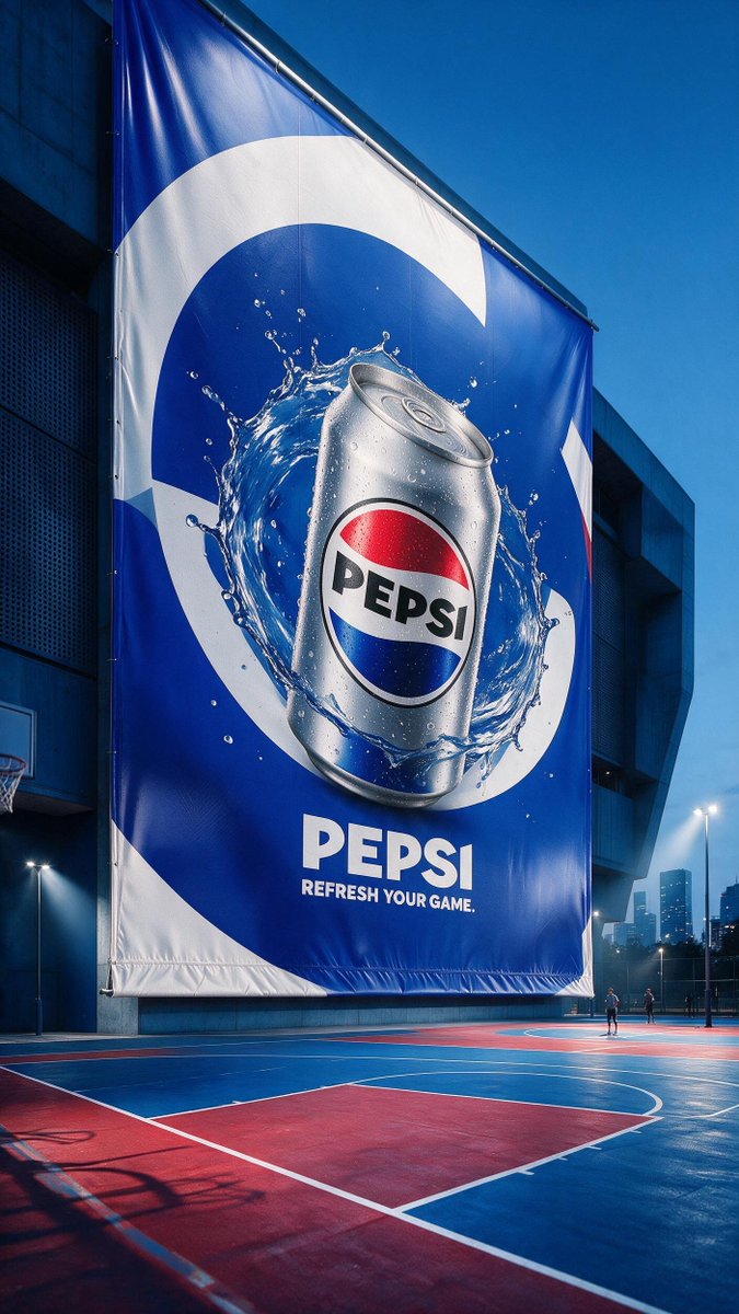使用所提供的卷起状态的PEPSI广告牌图像,作为同一装置完全展开状态的锁定摄影底版。精确保留原始的1404×2496尺寸、裁切、低机位24mm…, 图片 1