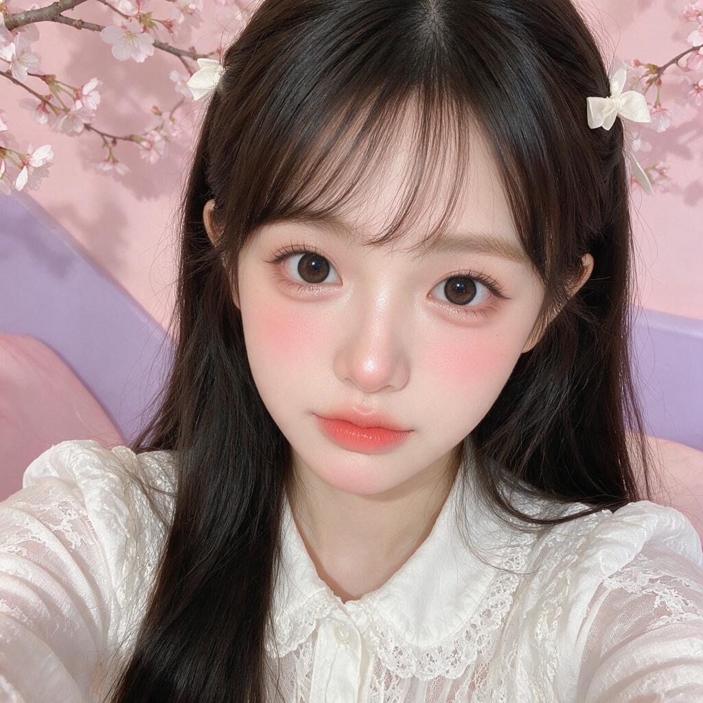 年轻亚洲女性，大而闪亮的鹿眼，柔和渐变粉色嘴唇，蓬松直眉，水光玻璃肌，粉色腮红，卧蚕闪粉，粉彩粉色服装，仙女灯背景, 图片 2