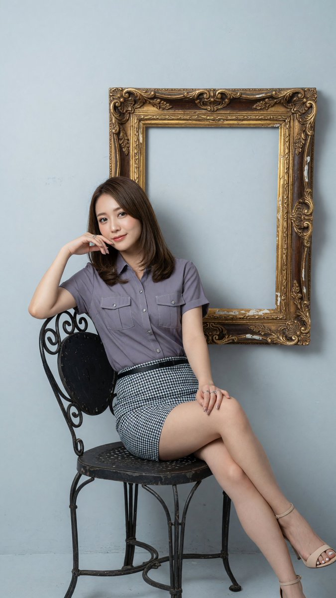 一位年轻东亚女性，留着柔软的及肩棕色长发，淡妆素雅，优雅地坐在一把复古深色金属工业椅上，双腿交叉伸展。她身穿短袖淡紫灰色纽扣衬衫，胸前有两个口…, 图片 4