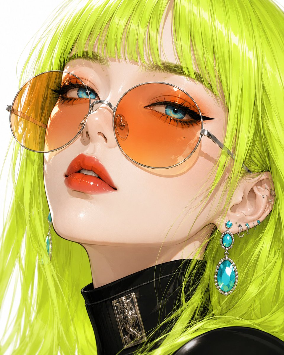创作一幅超精细的奢华动漫美妆编辑级肖像,描绘一位时尚年轻女性:瓷白无瑕的肌肤、如丝般顺滑的霓虹电光酸橙色长发剪以齐整的平刘海,配以惊艳的水蓝色…, 图片 1