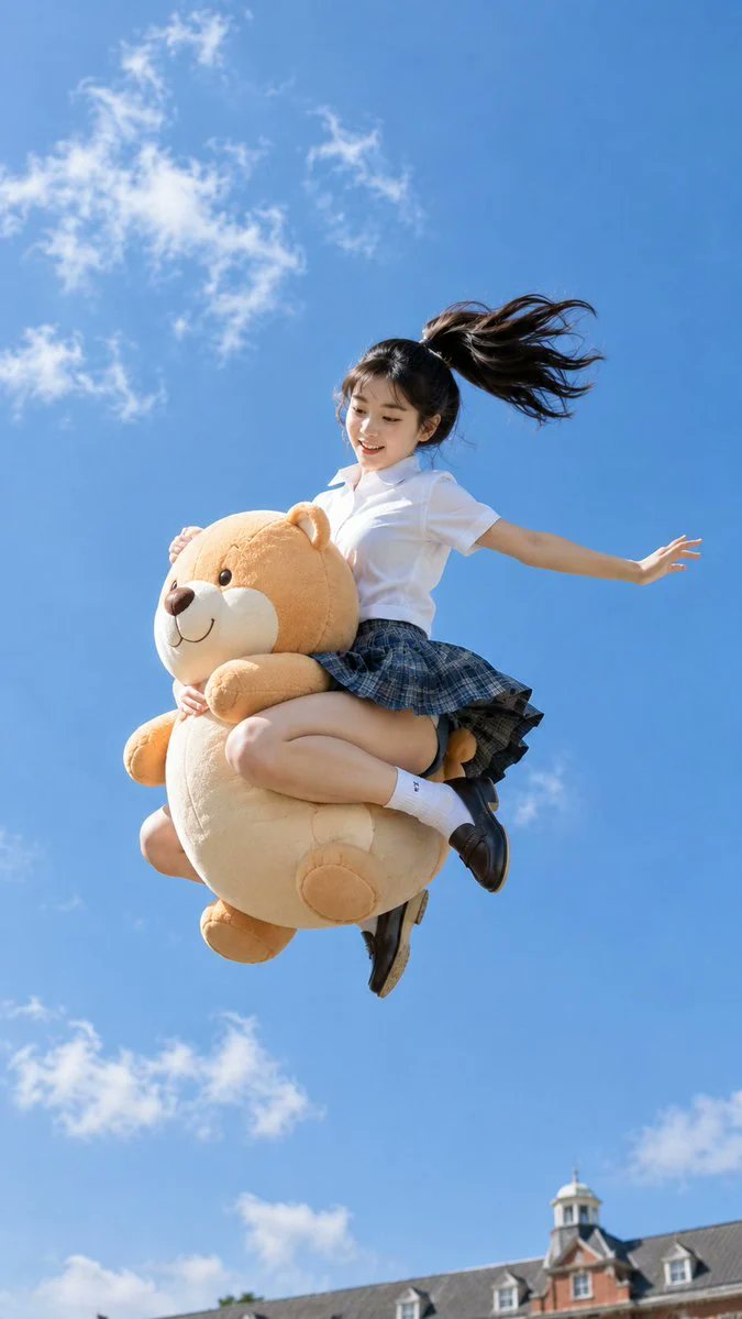 创建一张 9:16 比例的写实户外照片,内容为一位 20 岁的东亚女大学生在相机上方高高跃起。, 图片 1