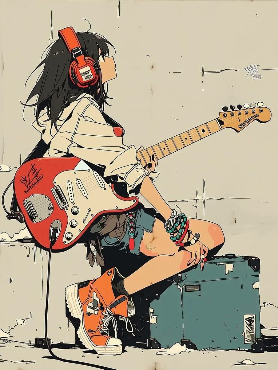 极简动漫插画:一位时髦的青少年女孩坐在一台复古吉他音箱上,弹奏着珊瑚橙色的 Fender Stratocaster 电吉他,头戴超大红色耳机,…, 图片 2