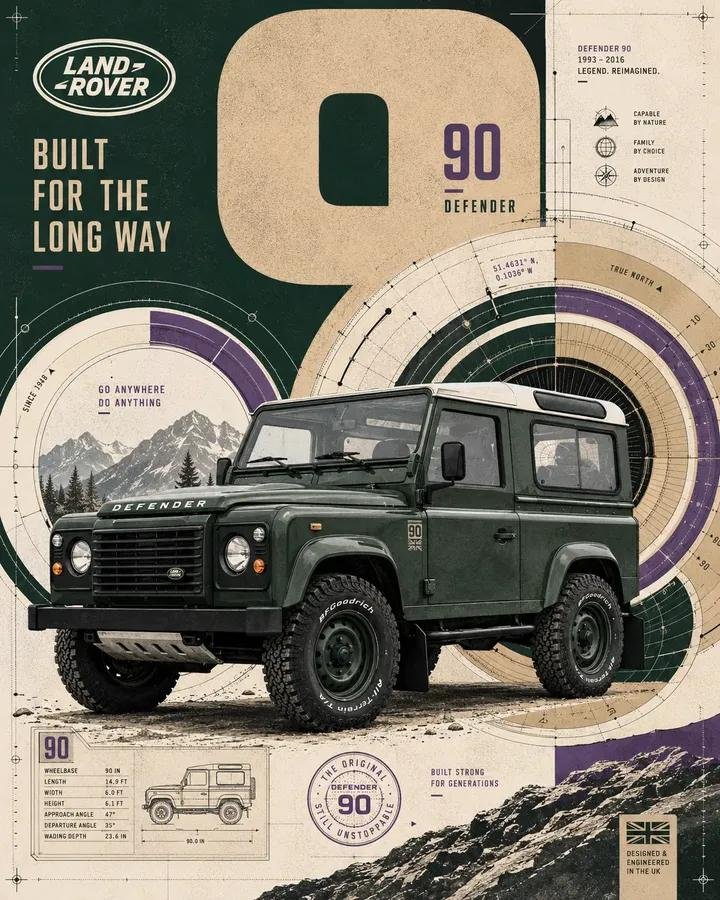 高冲击力汽车海报，以锐利的侧前四分之三视角展示 [VEHICLE]，置于画面下半部分，周围环绕密集的轨道式构图，包含与车轮同心的圆环、分割的 …, 图片 4