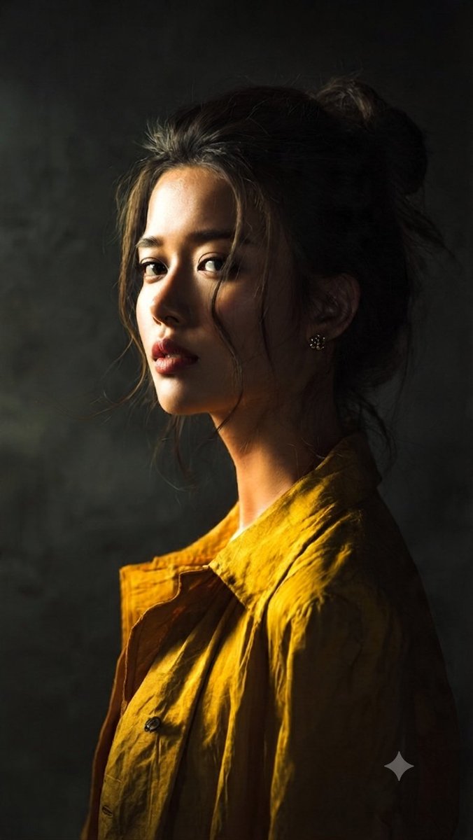 一张戏剧性的中景人像照：深色头发随意盘成发髻，几缕松散的发丝垂落在脸颊两侧。她以侧脸入镜，思绪万千地回头凝望。她身穿一件质感粗犷的芥末黄纽扣衬…, 图片 1