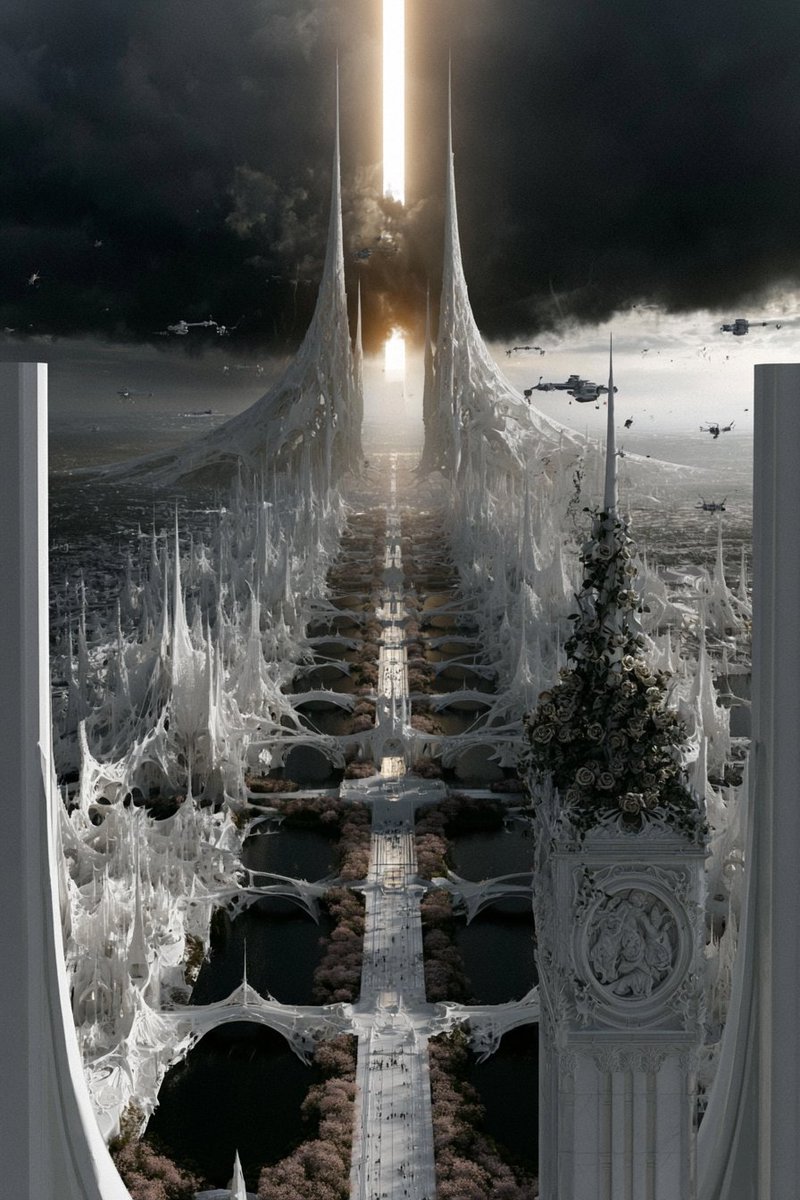 超现实的生物有机奇幻科幻3D渲染,蔓延的未来主义哥特巨型都市,由骨质白色的生物机械尖塔建造而成,形态类似融化的蜡或珊瑚结构,两座高耸的双子针状…, 图片 3