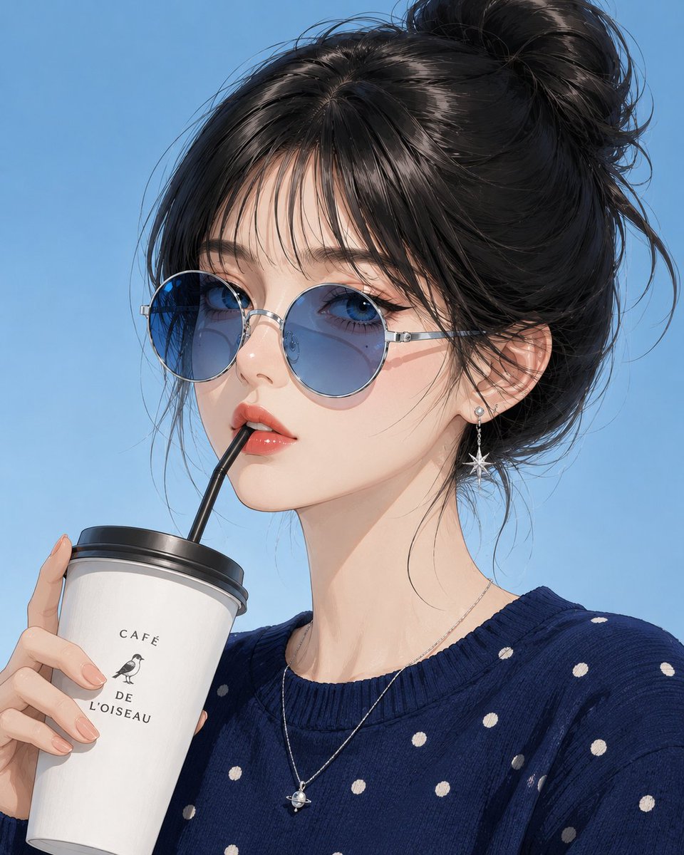 创作一幅超精细的动漫时尚编辑风格人像肖像:一位时尚年轻女性,拥有无瑕的瓷器般肌肤、深蓝色双眸、光泽珊瑚色唇妆,以及如丝般柔顺的乌黑长发,梳成随…, 图片 1
