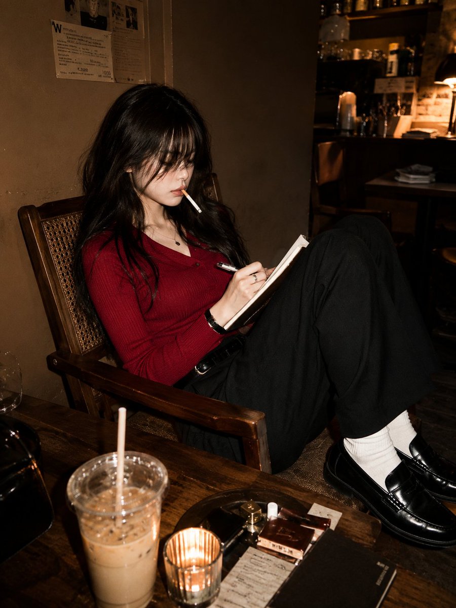超写实电影感编辑级人像：一位极其美丽的年轻日本女性，拥有令人着迷的深棕色眼眸与飘逸丝滑的乌黑长发，随意地坐在一家温馨的奢华咖啡馆中。她靠在复古…, 图片 1