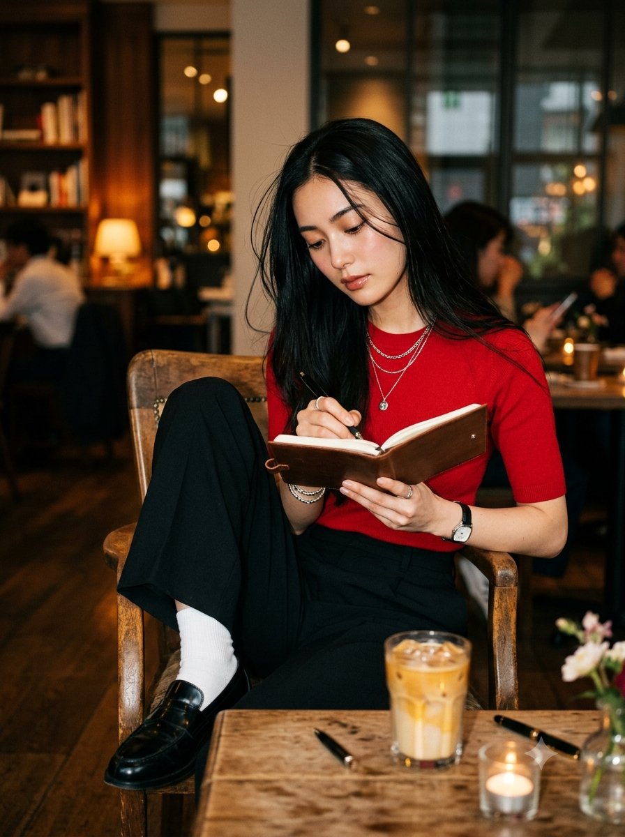 超写实电影感编辑级人像：一位极其美丽的年轻日本女性，拥有令人着迷的深棕色眼眸与飘逸丝滑的乌黑长发，随意地坐在一家温馨的奢华咖啡馆中。她靠在复古…, 图片 2