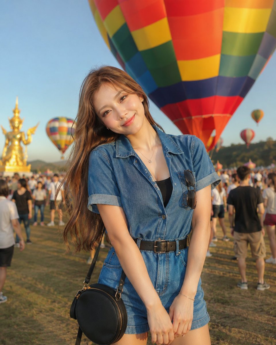 黄金时段，在色彩缤纷的热气球节上，一位美丽的年轻东亚女性甜美微笑的生动户外肖像。她拥有自然飘垂的丝滑浅棕色长发、白皙透亮的肌肤、柔和的玫瑰色面…, 图片 2