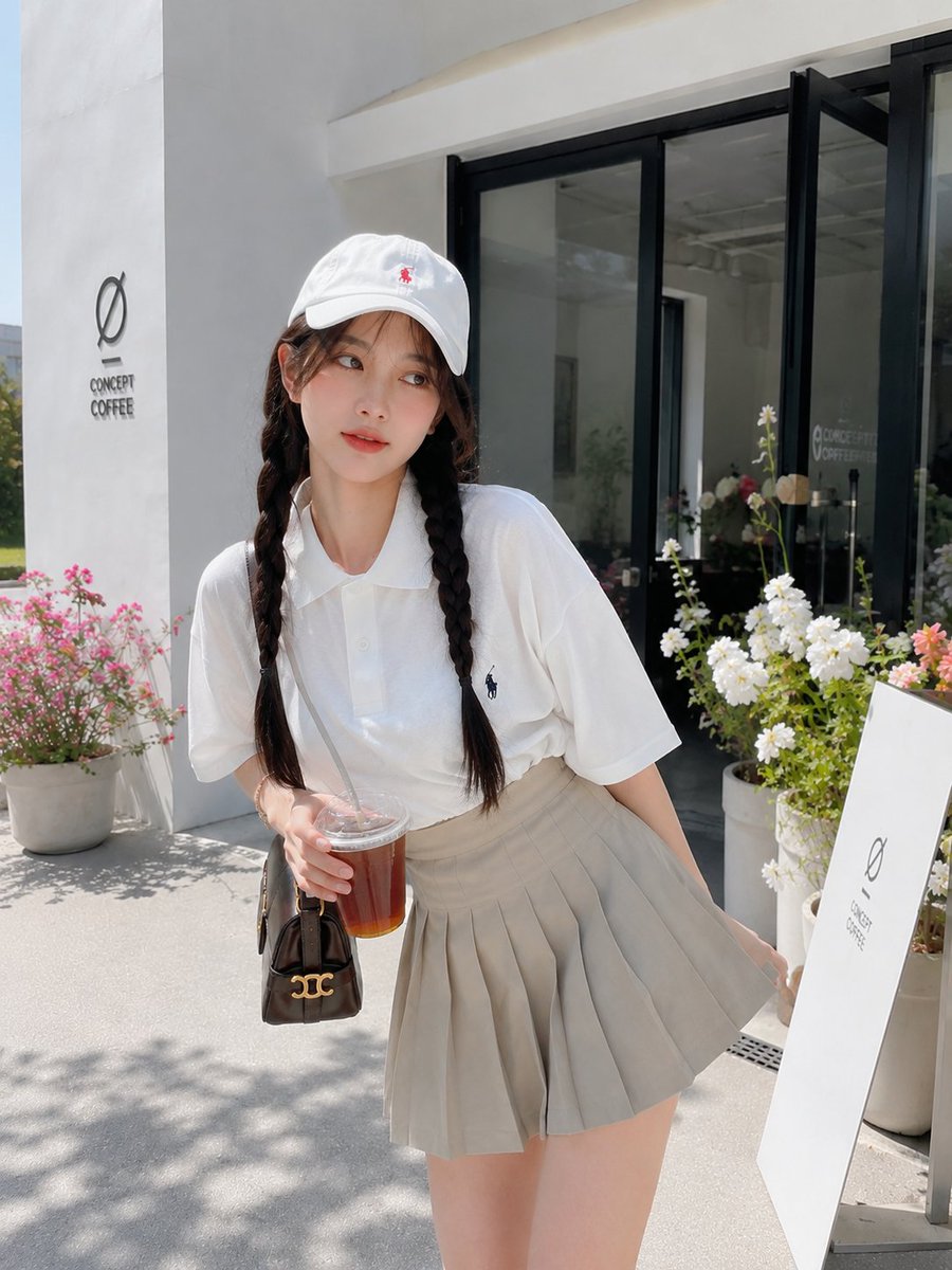 一张迷人的、照片写实风格的生活方式人像照:一位美丽的年轻日本女性,在晴朗的阳光下,于一家现代极简风格的咖啡馆外俏皮地摆姿势。她微微前倾,在脸旁…, 图片 1